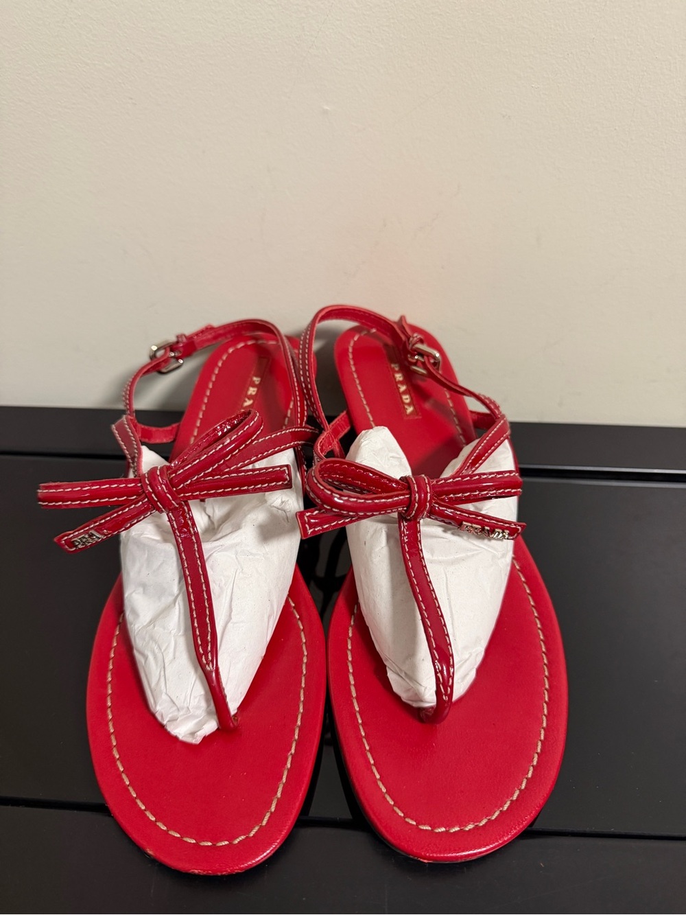 Prada Red Patent Leather Bow Sandals 38.5 authentic